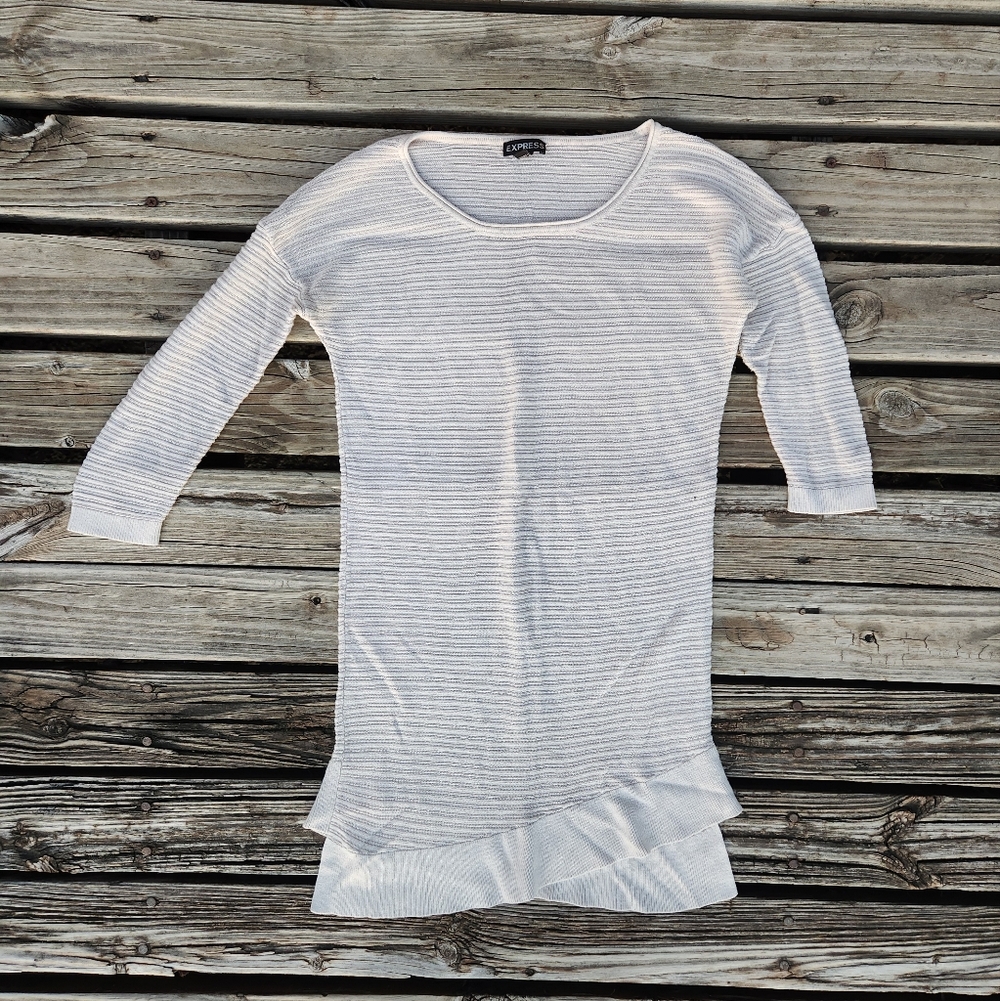 Express Oatmeal Tan Neutral Fitted Sweater 3/4 Sleeve Stripes Small Office Cream